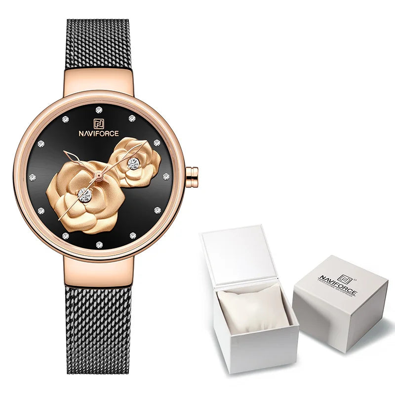 NAVIFORCE Luxury Women's Watch Set with Steel Mesh Band Creative Design Female Clock Relogio Feminino Includes Watch Box for Sal