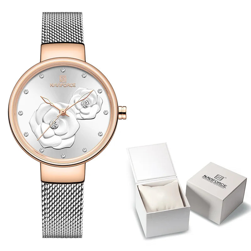 NAVIFORCE Luxury Women's Watch Set with Steel Mesh Band Creative Design Female Clock Relogio Feminino Includes Watch Box for Sal