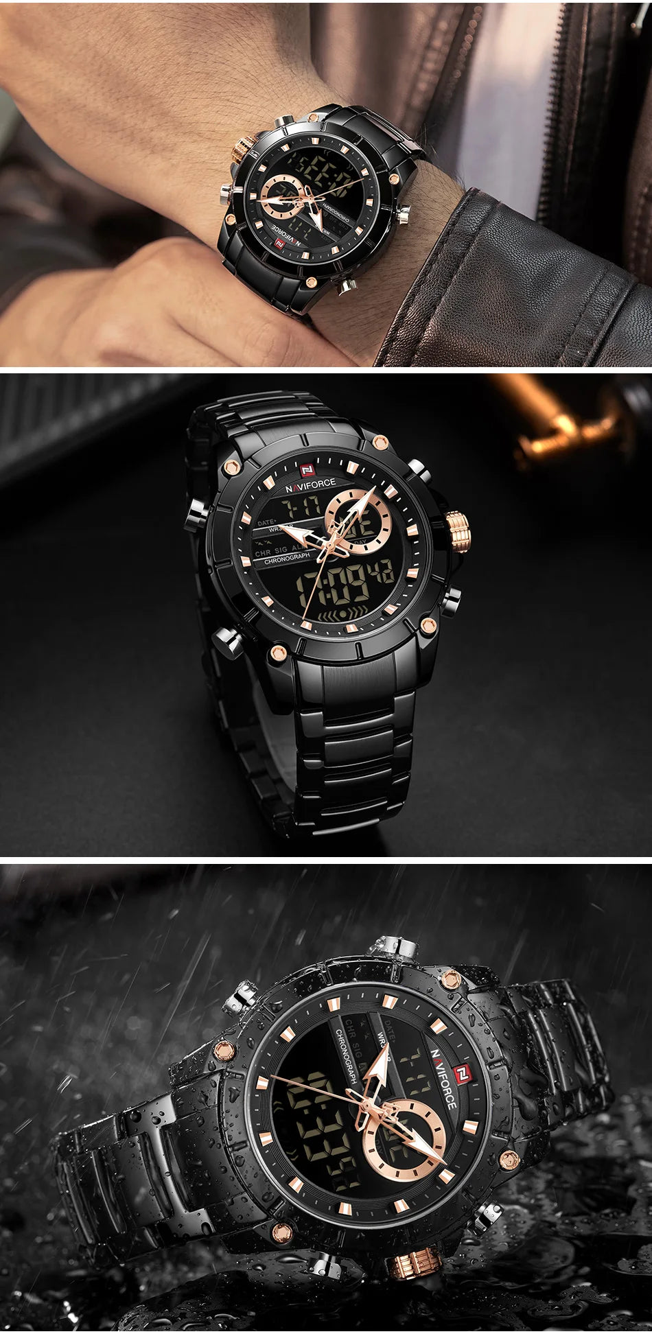 NAVIFORCE Top Luxury Men's Luxury Sports Military Watch All Steel Waterproof Shi Ying Digital Double Display Clock Relogio Mascu