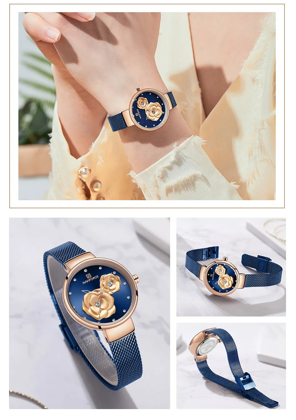 Women Watch NAVIFORCE Top Luxury Brand Steel Mesh Waterproof Ladies Watches Flower Quartz Female Wristwatch Charming Girl Clock