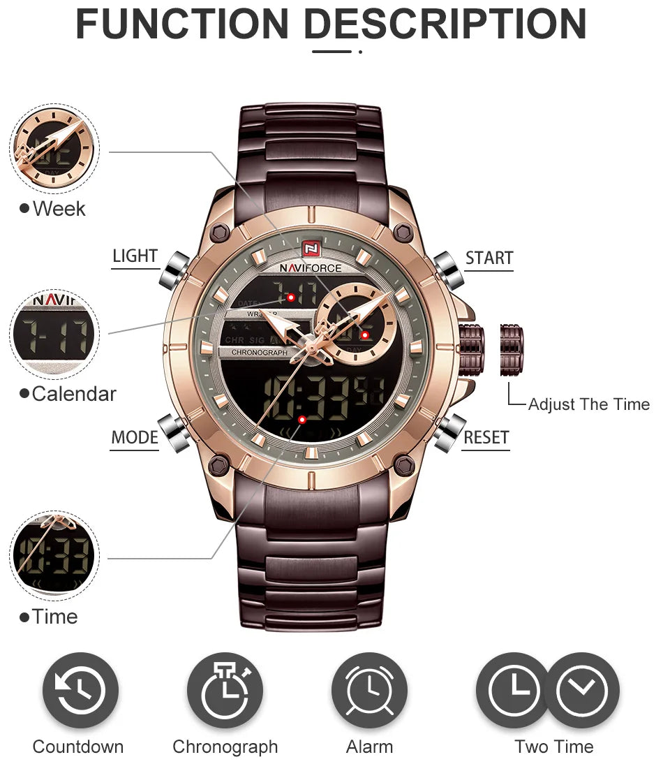 NAVIFORCE Top Luxury Men's Luxury Sports Military Watch All Steel Waterproof Shi Ying Digital Double Display Clock Relogio Mascu