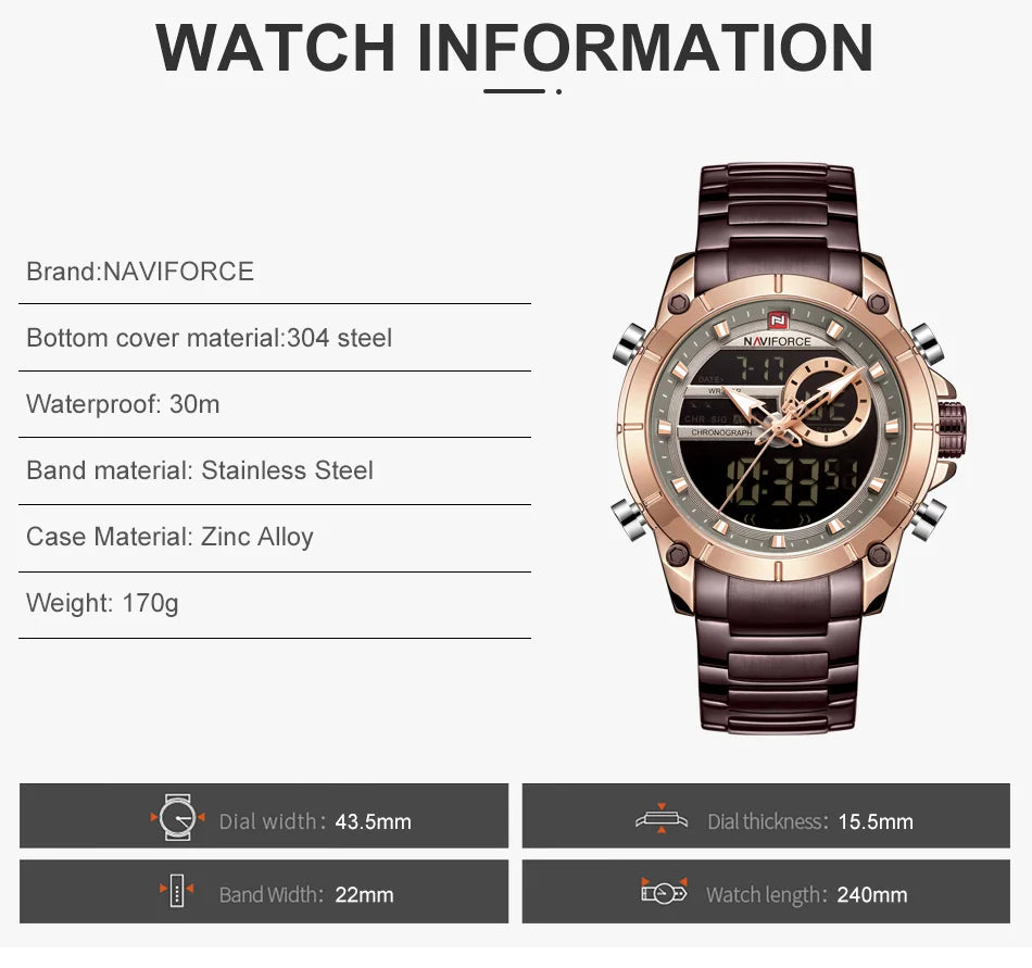 NAVIFORCE Top Luxury Men's Luxury Sports Military Watch All Steel Waterproof Shi Ying Digital Double Display Clock Relogio Mascu