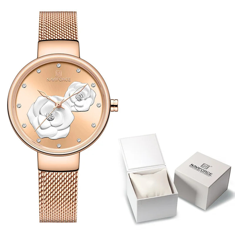 NAVIFORCE Luxury Women's Watch Set with Steel Mesh Band Creative Design Female Clock Relogio Feminino Includes Watch Box for Sal