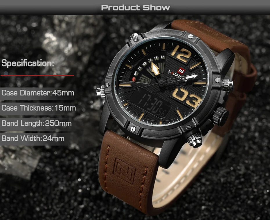 NAVIFORCE Luxury Brand Men's Sport Watches Men Dual Display LED Digital Waterproof Leather Strap Quartz Military Watch Man Clock