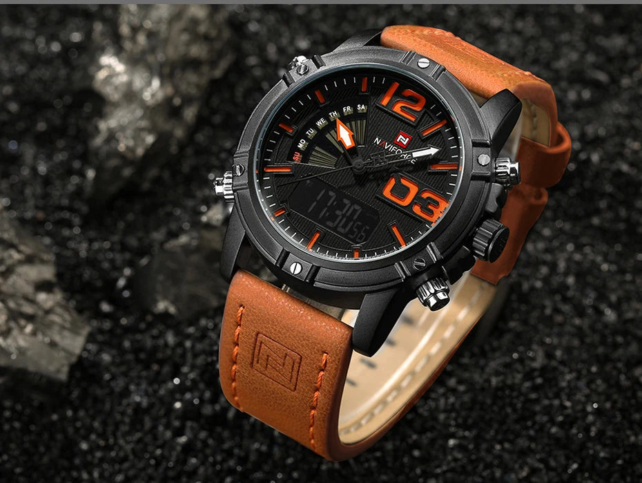 NAVIFORCE Luxury Brand Men's Sport Watches Men Dual Display LED Digital Waterproof Leather Strap Quartz Military Watch Man Clock