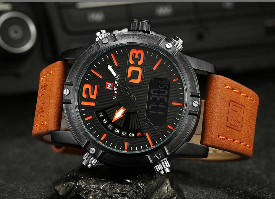 NAVIFORCE Luxury Brand Men's Sport Watches Men Dual Display LED Digital Waterproof Leather Strap Quartz Military Watch Man Clock