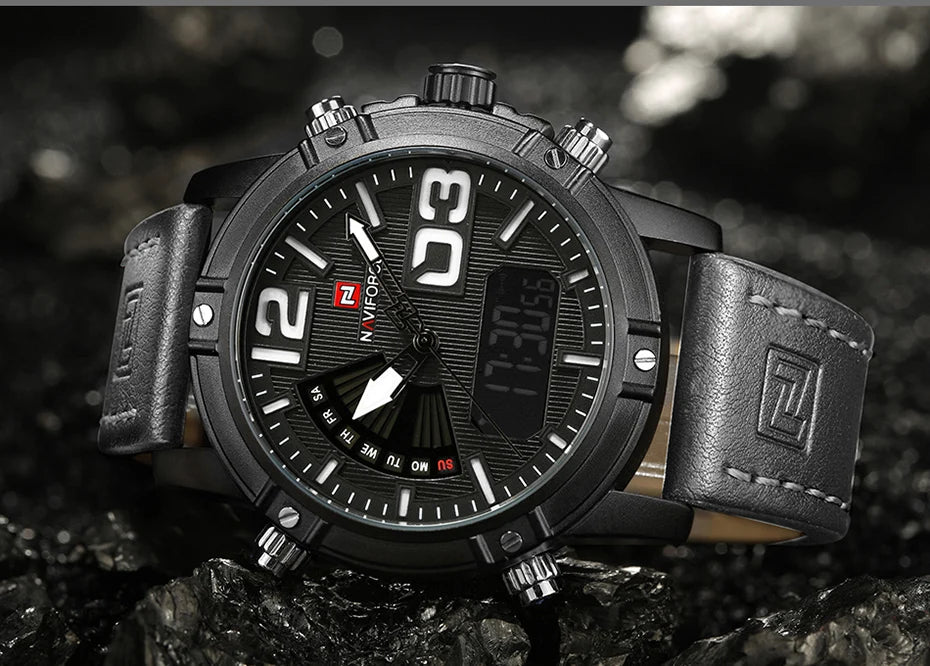 NAVIFORCE Luxury Brand Men's Sport Watches Men Dual Display LED Digital Waterproof Leather Strap Quartz Military Watch Man Clock