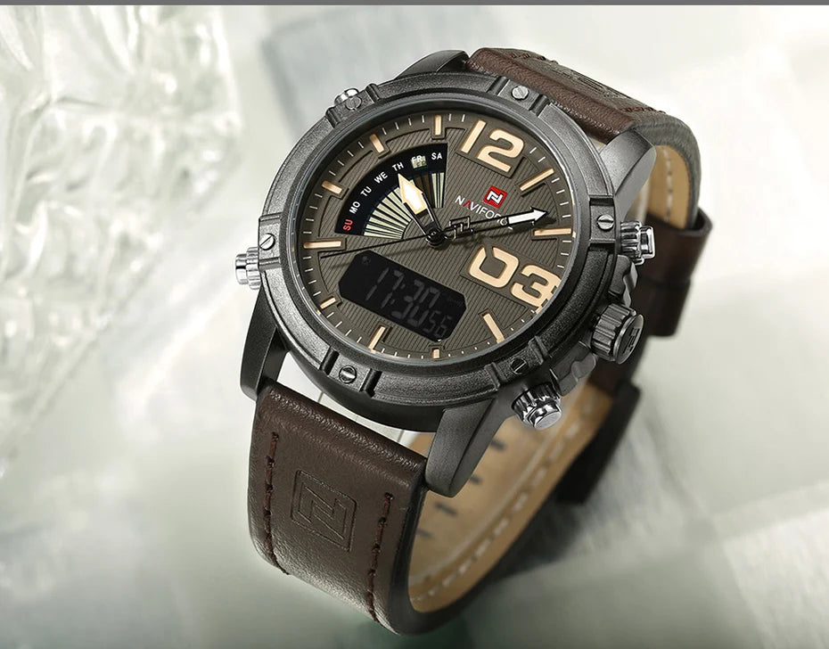 NAVIFORCE Luxury Brand Men's Sport Watches Men Dual Display LED Digital Waterproof Leather Strap Quartz Military Watch Man Clock