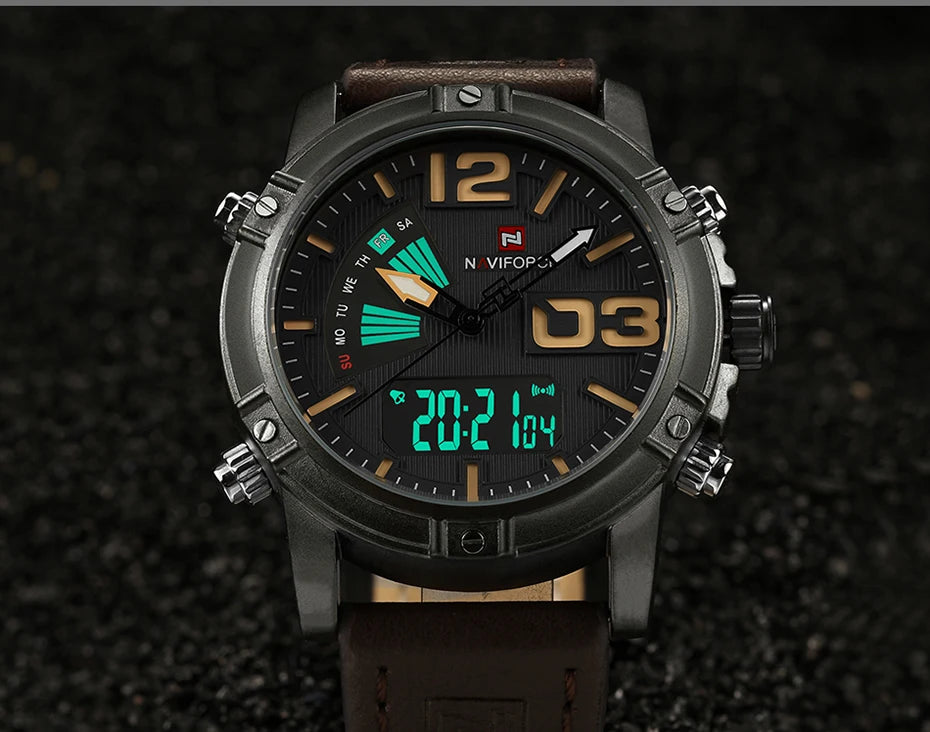 NAVIFORCE Luxury Brand Men's Sport Watches Men Dual Display LED Digital Waterproof Leather Strap Quartz Military Watch Man Clock