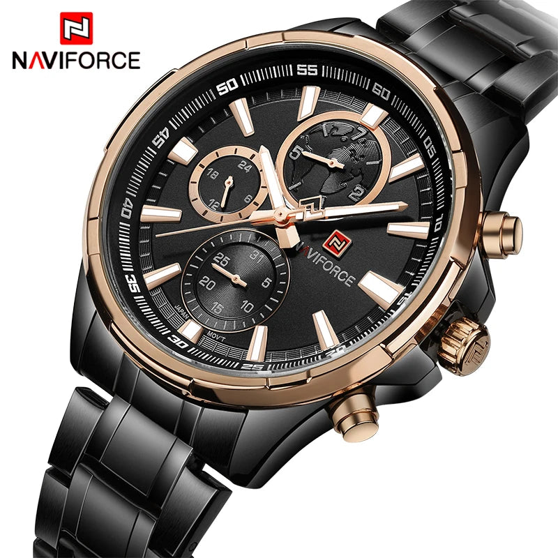 NAVIFORCE Men's Luxury Business Quartz Watch 24-Hour Date Display Man Gift Clock Full Stainless Steel Strap Sports Wristwatches