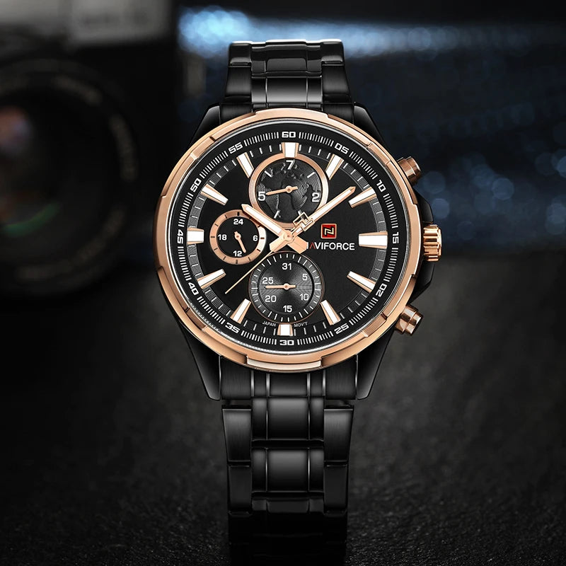 NAVIFORCE Men's Luxury Business Quartz Watch 24-Hour Date Display Man Gift Clock Full Stainless Steel Strap Sports Wristwatches