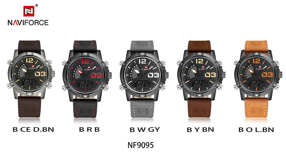 NAVIFORCE Luxury Brand Men's Sport Watches Men Dual Display LED Digital Waterproof Leather Strap Quartz Military Watch Man Clock