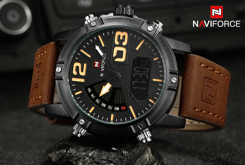 NAVIFORCE Luxury Brand Men's Sport Watches Men Dual Display LED Digital Waterproof Leather Strap Quartz Military Watch Man Clock
