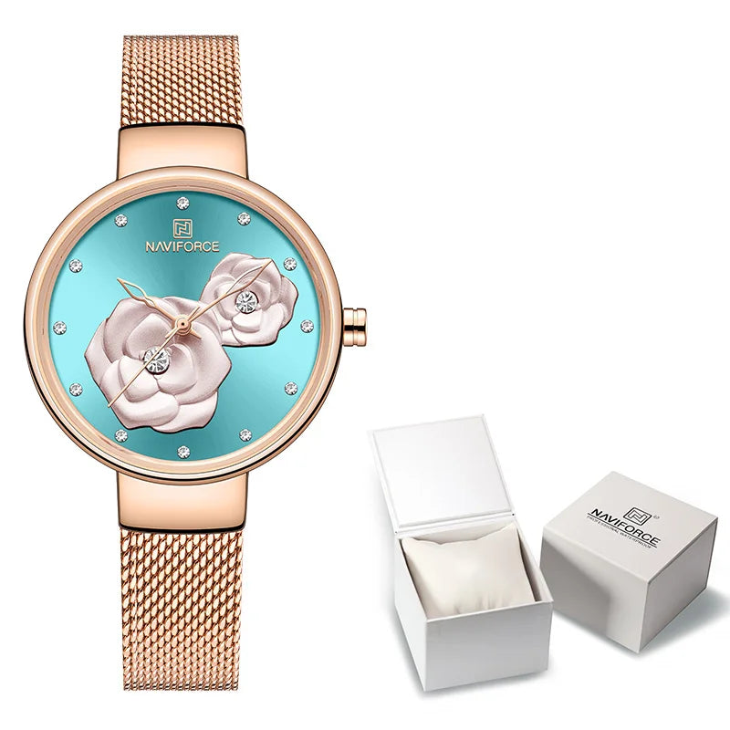 NAVIFORCE Luxury Women's Watch Set with Steel Mesh Band Creative Design Female Clock Relogio Feminino Includes Watch Box for Sal