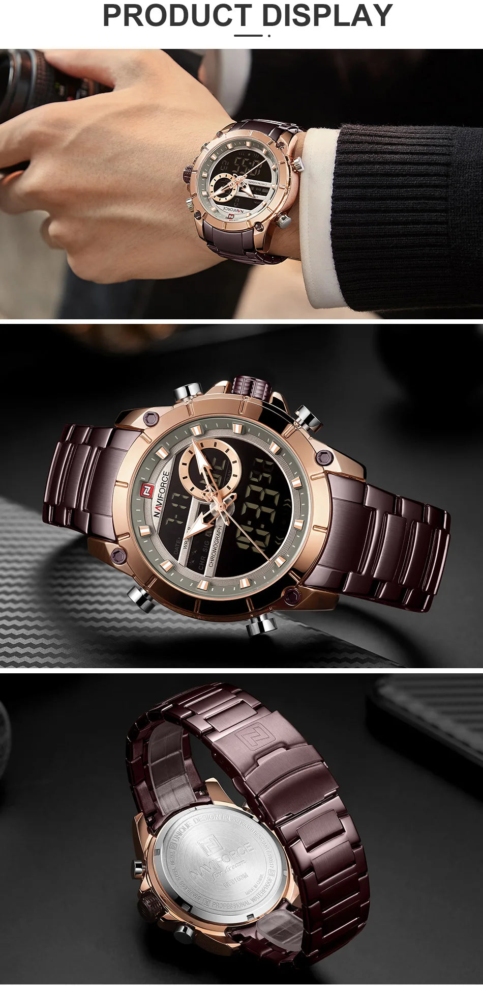 NAVIFORCE Top Luxury Men's Luxury Sports Military Watch All Steel Waterproof Shi Ying Digital Double Display Clock Relogio Mascu