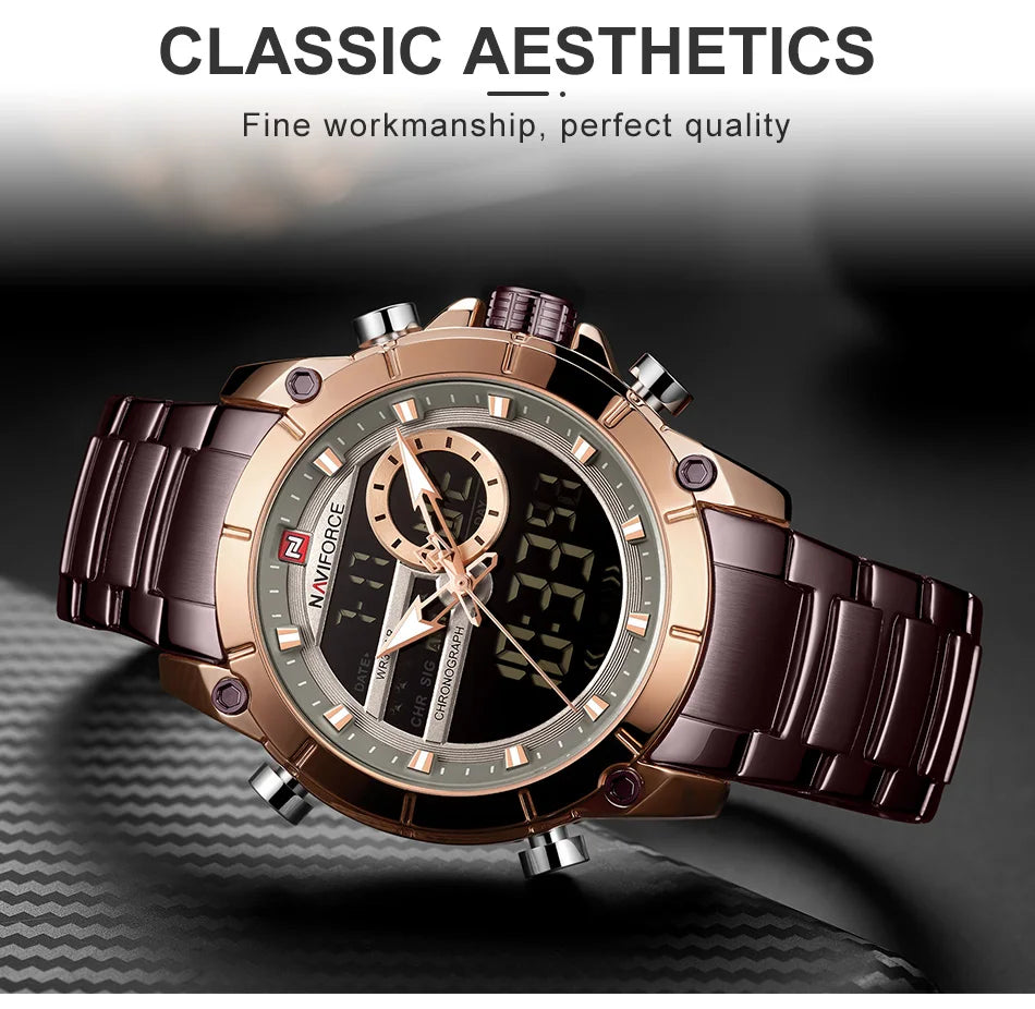 NAVIFORCE Top Luxury Men's Luxury Sports Military Watch All Steel Waterproof Shi Ying Digital Double Display Clock Relogio Mascu