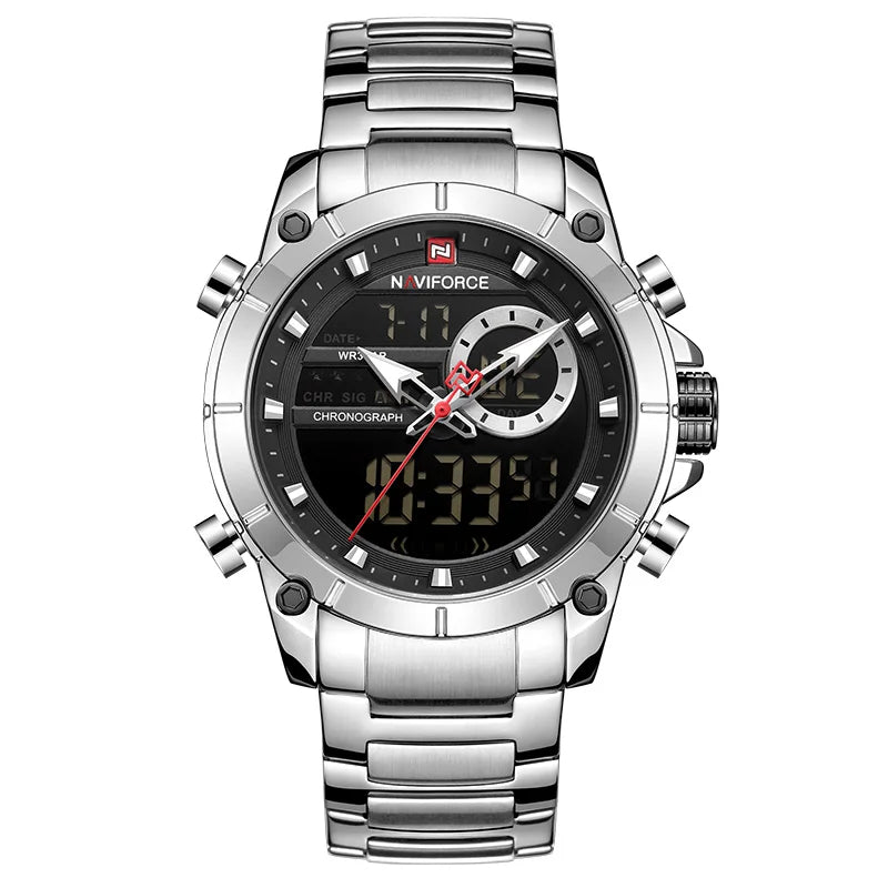 NAVIFORCE Top Luxury Men's Luxury Sports Military Watch All Steel Waterproof Shi Ying Digital Double Display Clock Relogio Mascu