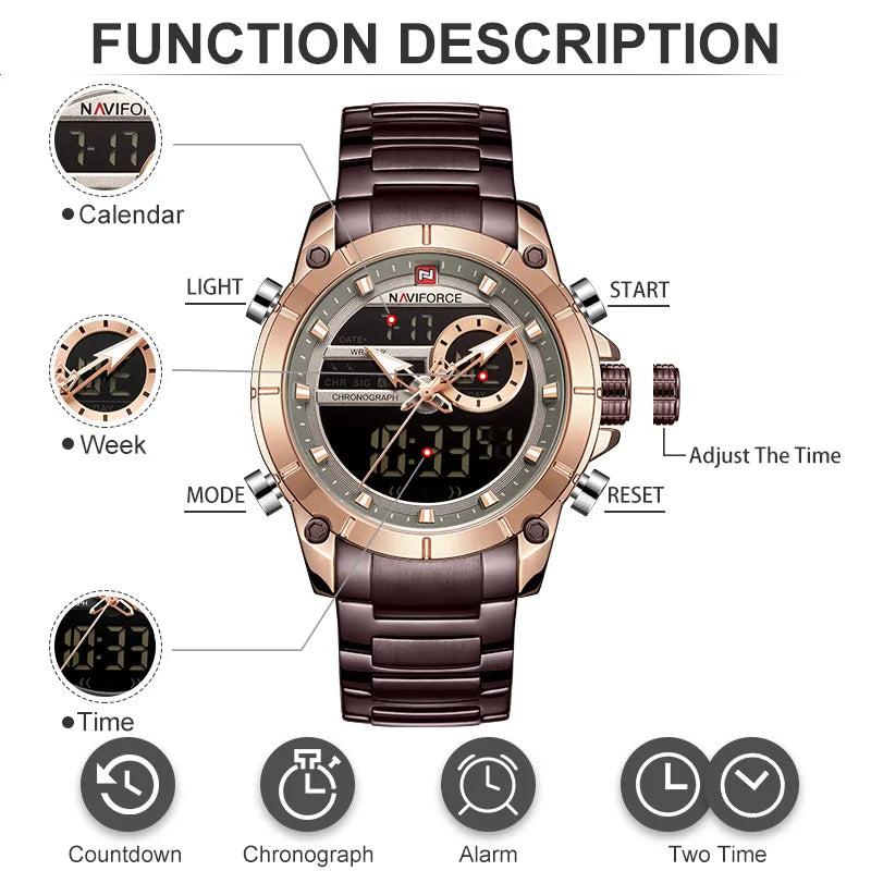 NAVIFORCE Top Luxury Men's Luxury Sports Military Watch All Steel Waterproof Shi Ying Digital Double Display Clock Relogio Mascu