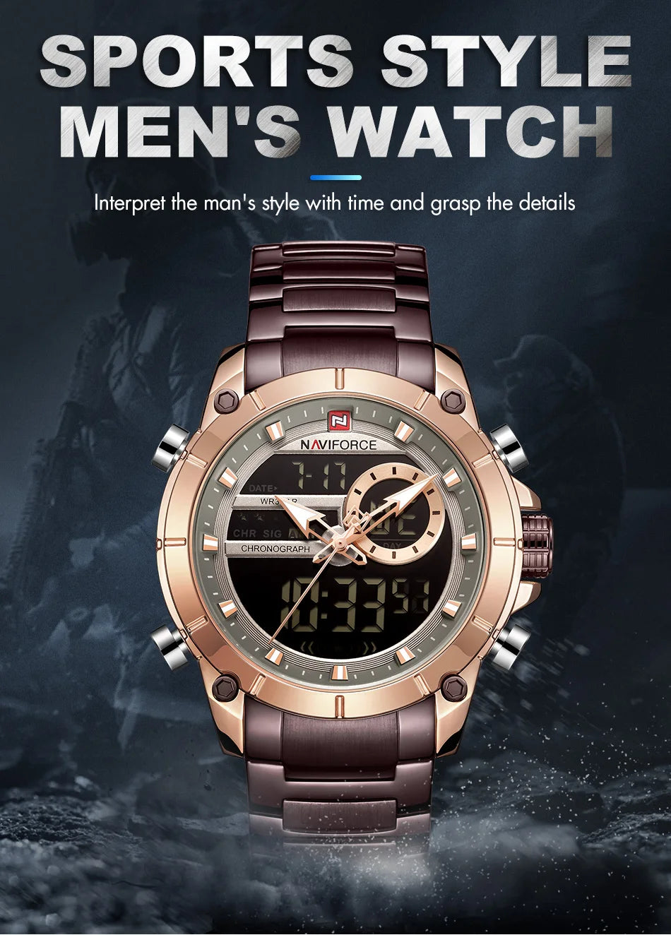 NAVIFORCE Top Luxury Men's Luxury Sports Military Watch All Steel Waterproof Shi Ying Digital Double Display Clock Relogio Mascu
