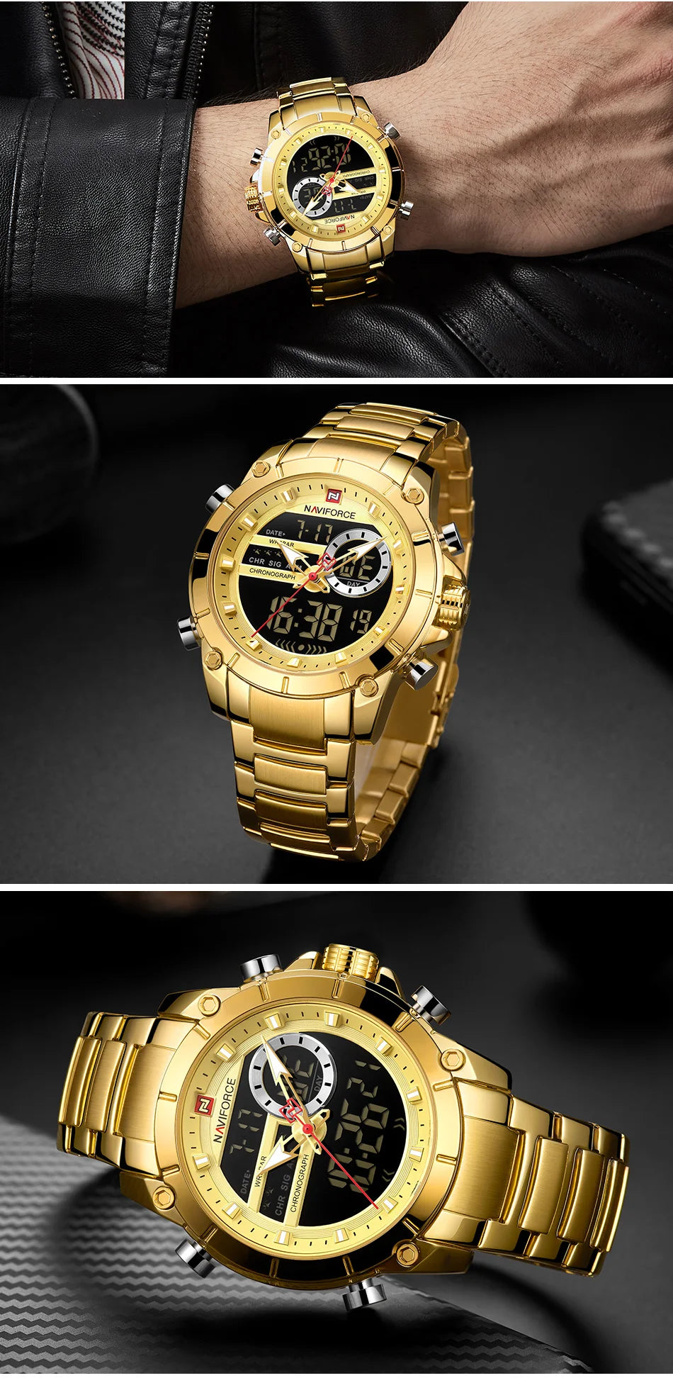 NAVIFORCE Top Luxury Men's Luxury Sports Military Watch All Steel Waterproof Shi Ying Digital Double Display Clock Relogio Mascu