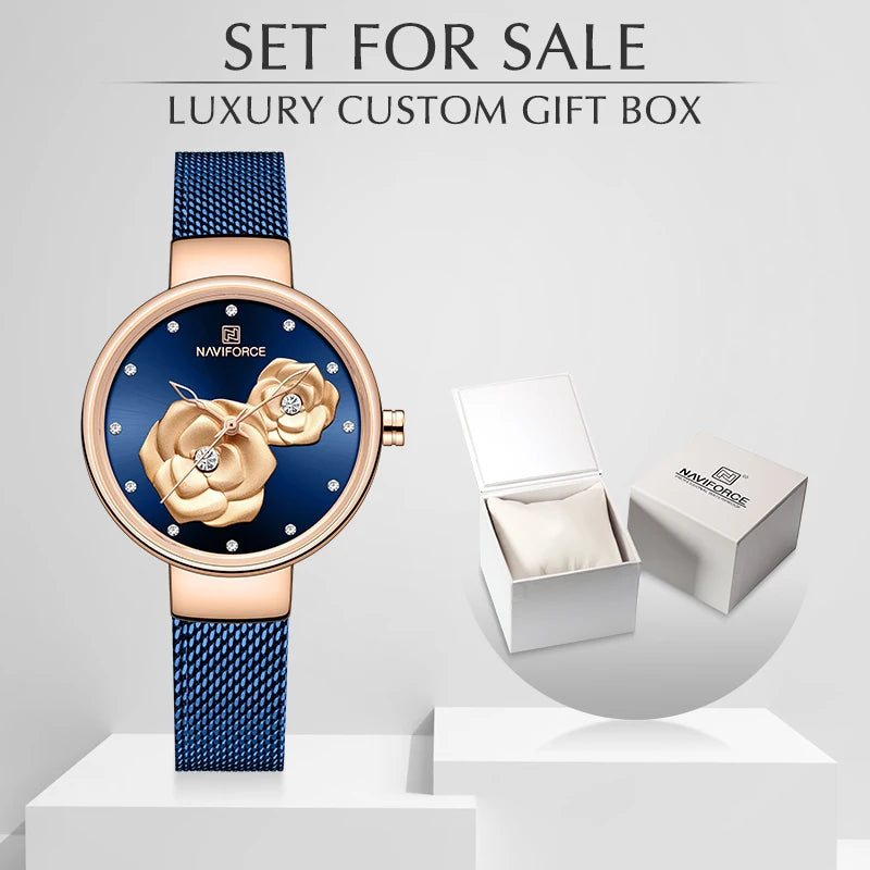 NAVIFORCE Luxury Women's Watch Set with Steel Mesh Band Creative Design Female Clock Relogio Feminino Includes Watch Box for Sal