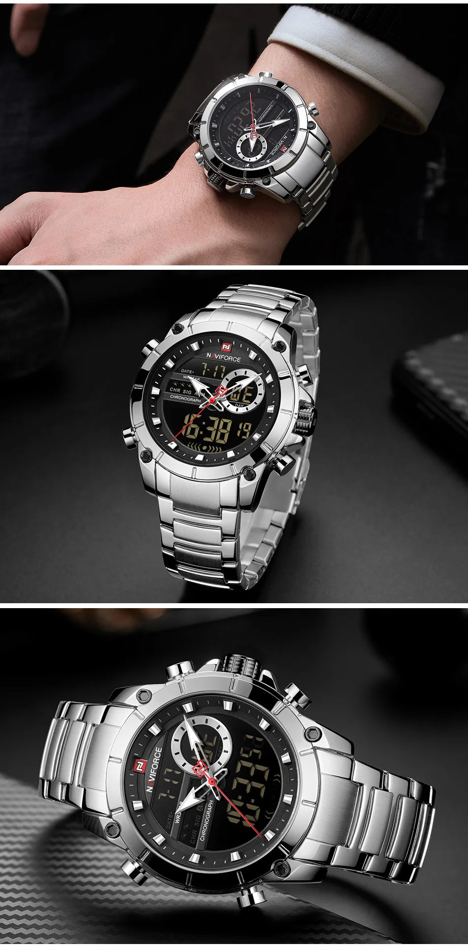 NAVIFORCE Top Luxury Men's Luxury Sports Military Watch All Steel Waterproof Shi Ying Digital Double Display Clock Relogio Mascu