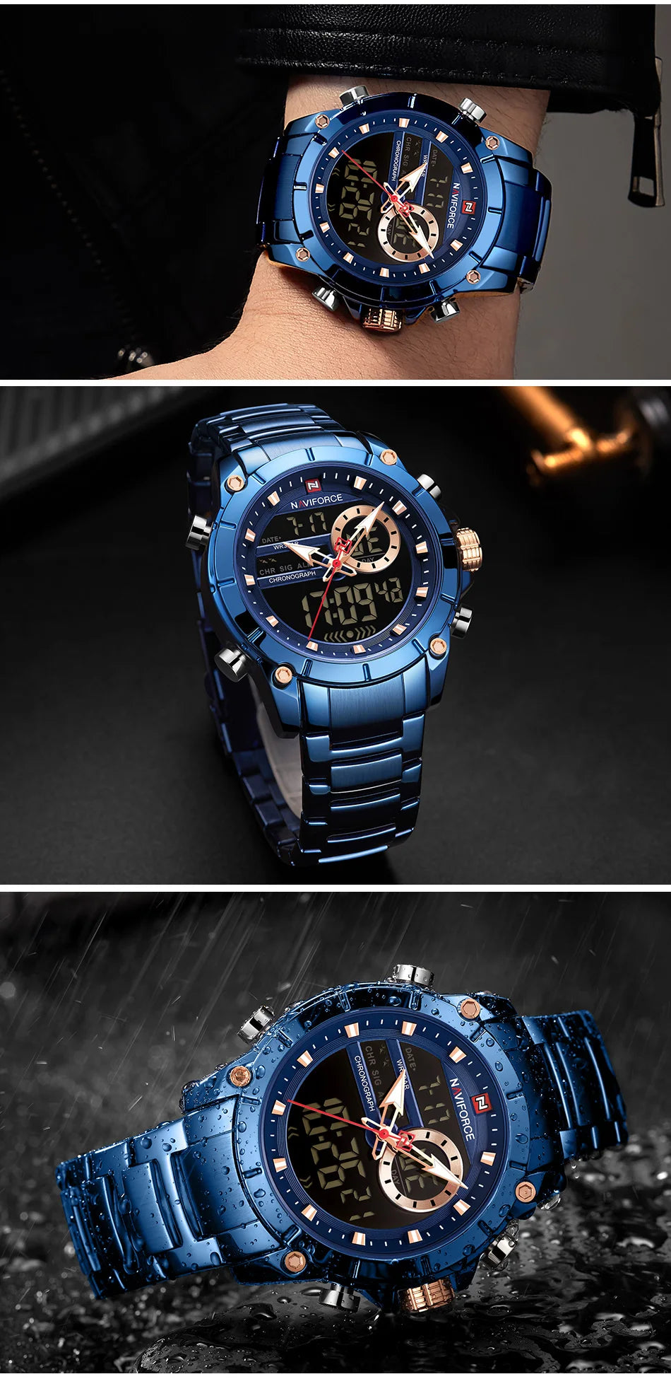 NAVIFORCE Top Luxury Men's Luxury Sports Military Watch All Steel Waterproof Shi Ying Digital Double Display Clock Relogio Mascu