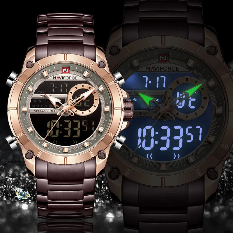 NAVIFORCE Top Luxury Men's Luxury Sports Military Watch All Steel Waterproof Shi Ying Digital Double Display Clock Relogio Mascu
