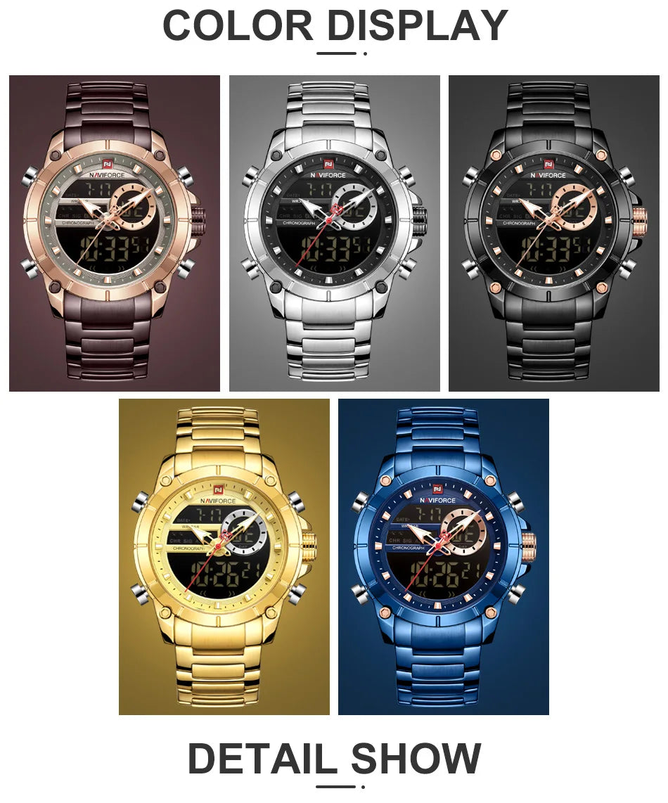 NAVIFORCE Top Luxury Men's Luxury Sports Military Watch All Steel Waterproof Shi Ying Digital Double Display Clock Relogio Mascu