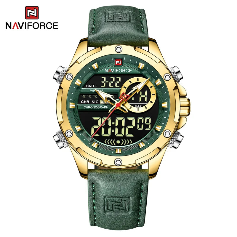 NAVIFORCE Original Men's Dual Time Luxury Sport Watch Casual Chronograph Alarm Quartz Wristwatch Leather Strap Waterproof Clock