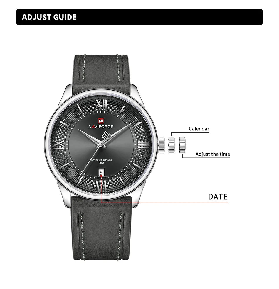 NAVIFORCE High Quality Men's Quartz Watch Date Display 3ATM Waterproof Leather Strap Male Fashionable Luxury Wristwatch Gift Box
