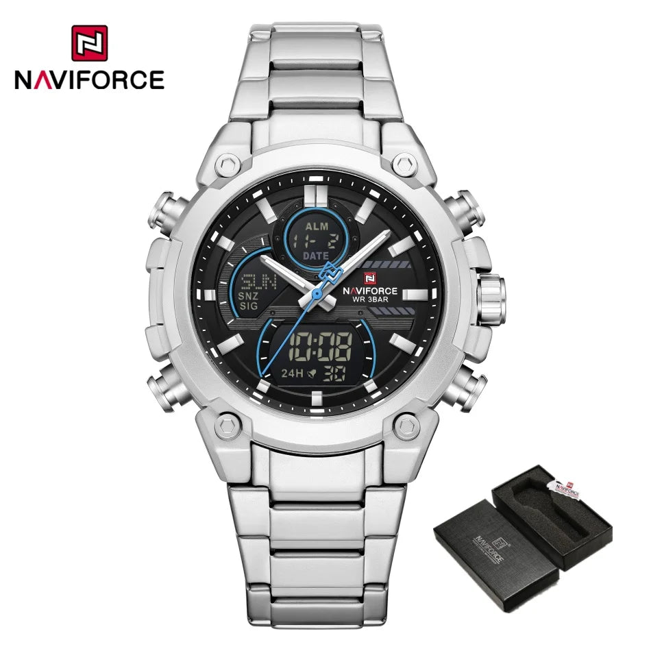NAVIFORCE Watch For Men Stainless Steel Sport Casual Fashion Dual Display Sport Multifunction Chronograph men Waterproof Watch