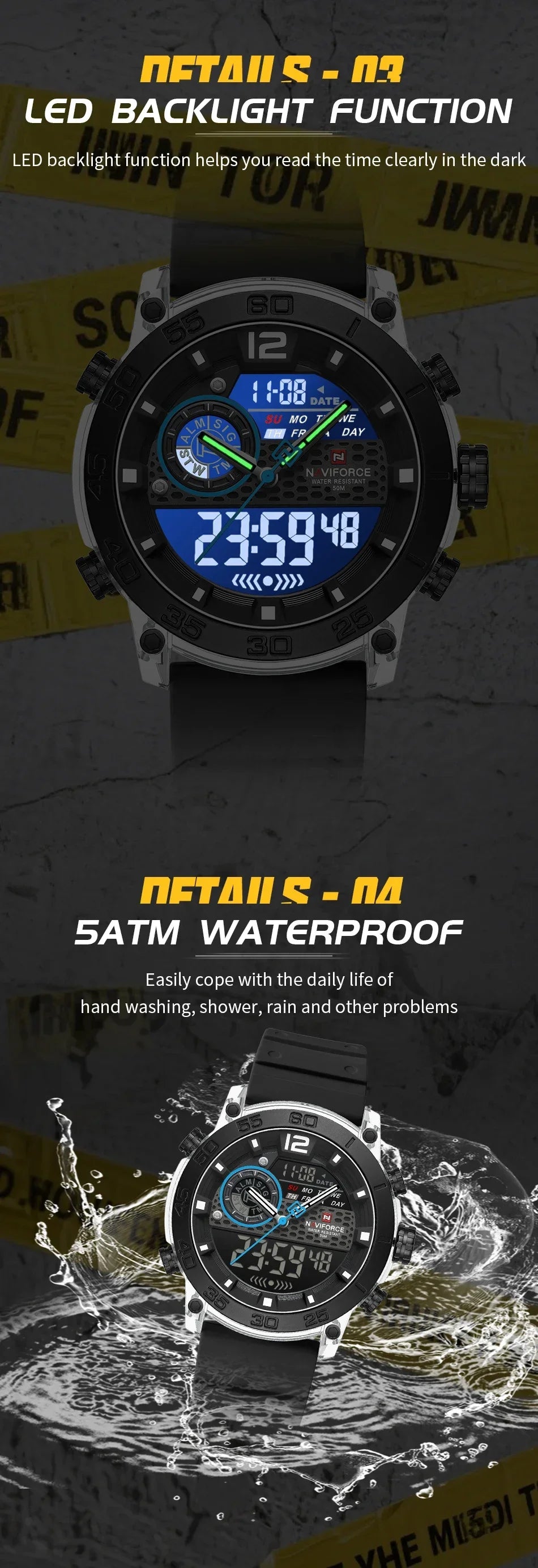 NAVIFORCE High Quality Watches For Men Military Dual Display Sport Waterproof Quartz Digital Wristwatch Auto Dayand Date Clock