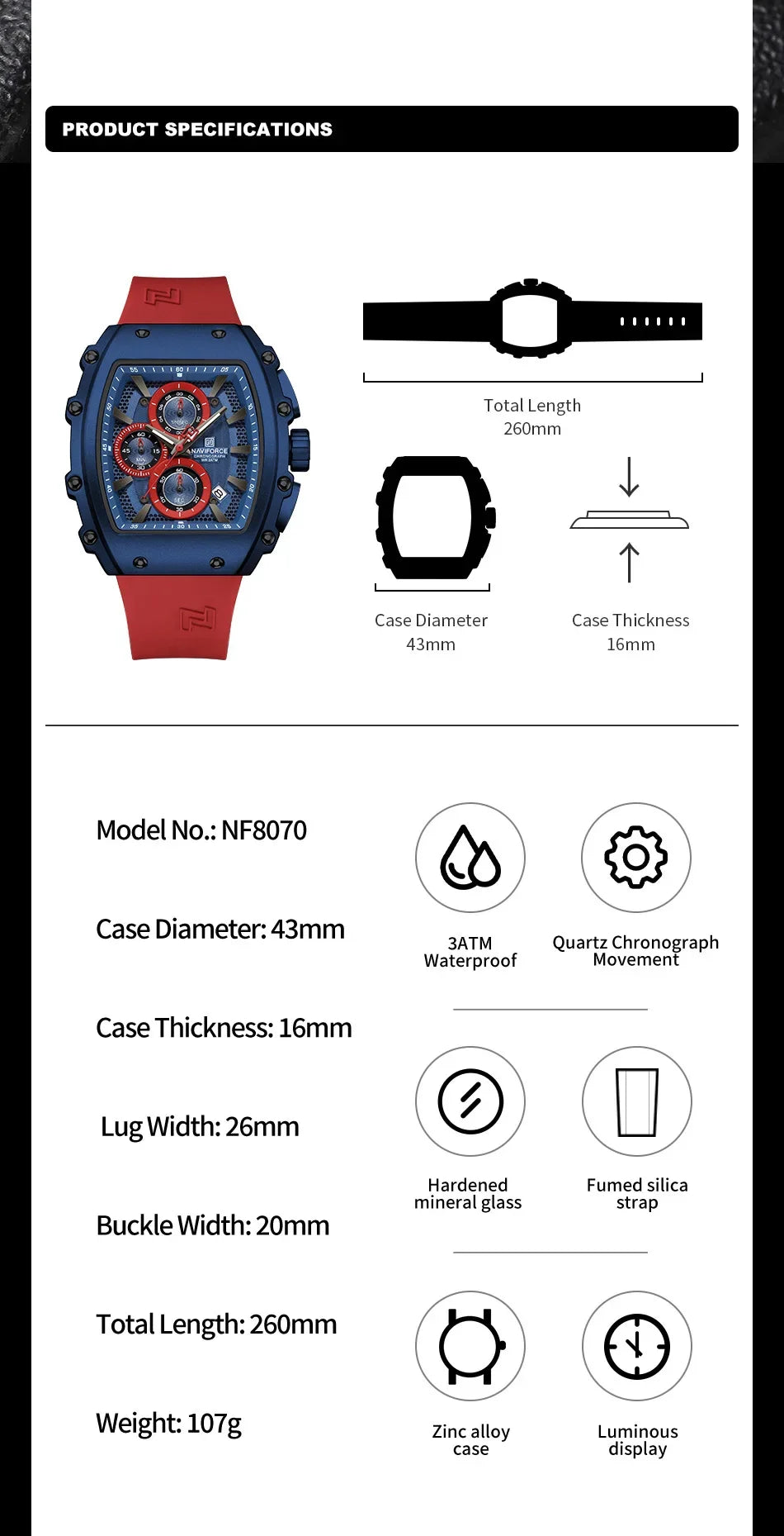 NAVIFORCE Men's Watch Quartz Chronograph Waterproof Date Display Steel Band Hot Business Fashion Casual Sports Male Gifts NF8070