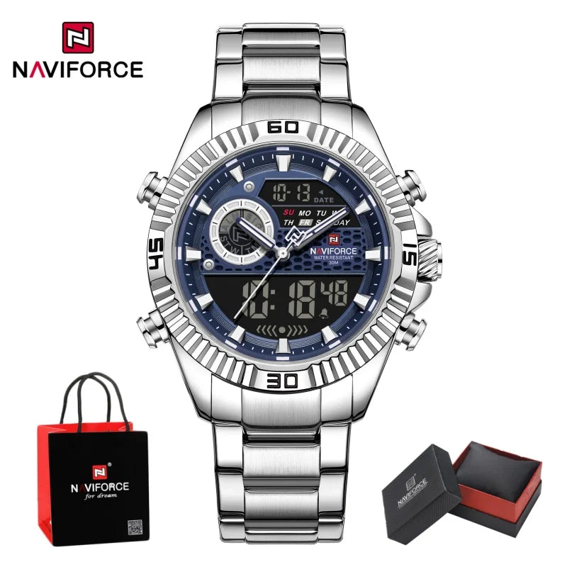NAVIFORCE Men Watches Quartz Dual Display Waterproof Stainless Steel Male Luxury Fashion Business Outdoor Wristwatch Gifts Box