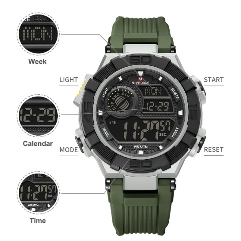 NAVIFORCE Man's Watch With Date Week Display LCD Digital Lightweight 24 Hour Alarm Clock 5ATM Waterproof Male Sports Wristwatch