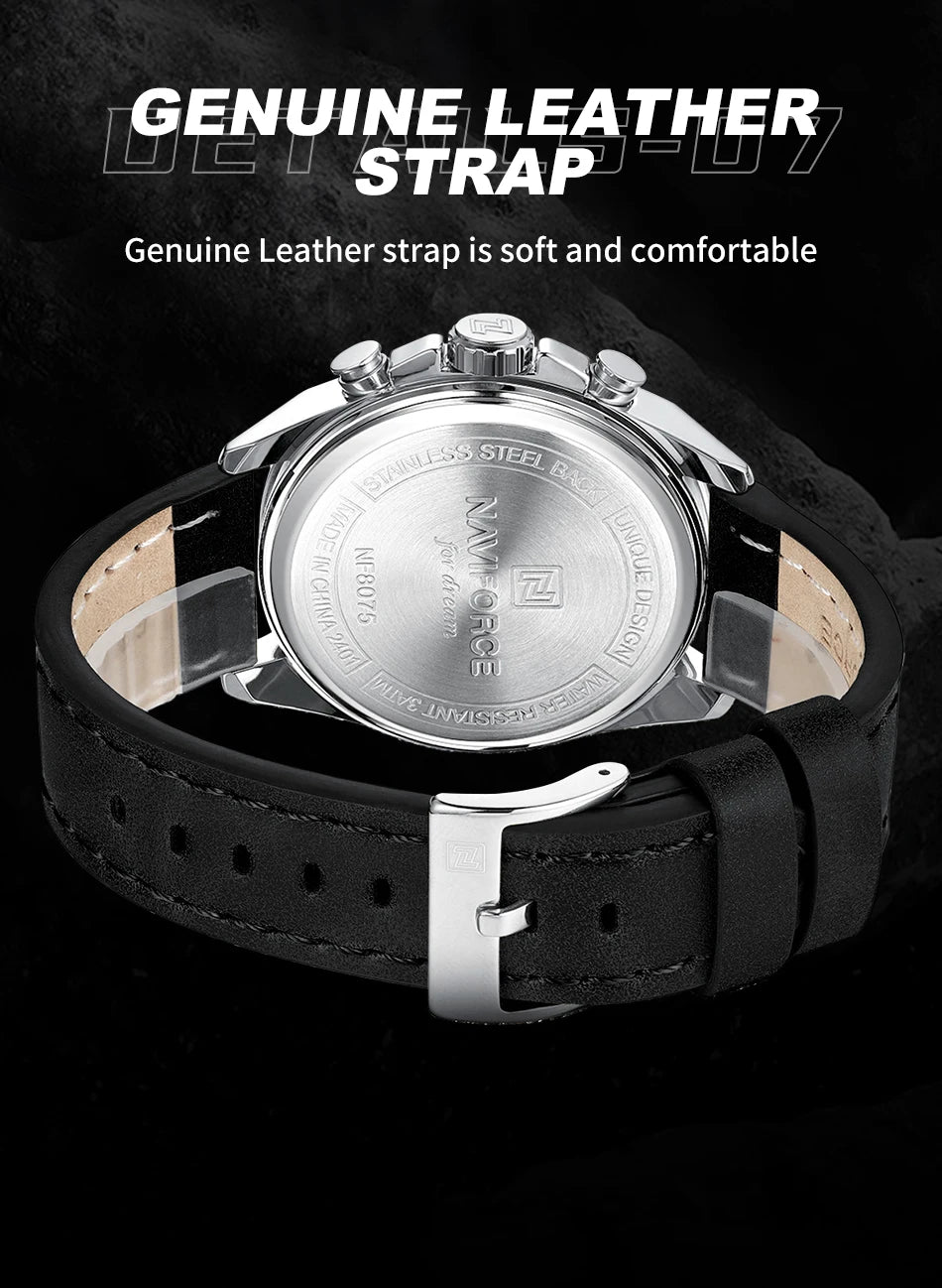 NAVIFORCE Men's Watch Quartz Chronograph Genuine Leather Strap Waterproof Luminous Hand Male Fashion Design Wristwatch Gifts Box