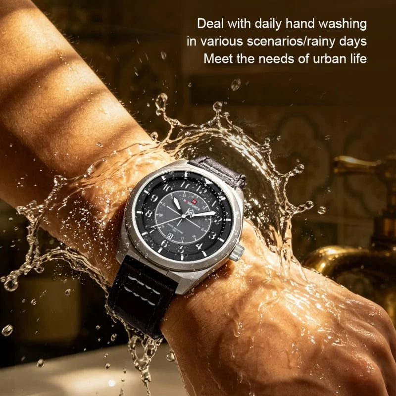 NAVIFORCE Men's Quartz Calendar Watch 3ATM Waterproof Leather Strap Casual Fashion Business Daily Wear Male Wristwatch Gift Box