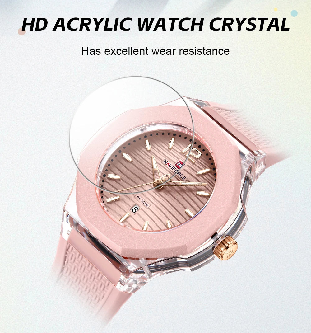 NAVIFORCE Woman's Watch Quartz Waterproof Silicone Band Date Display Wristwatch Luxury Trendy Ladies Dress Wristwatch Gifts Box