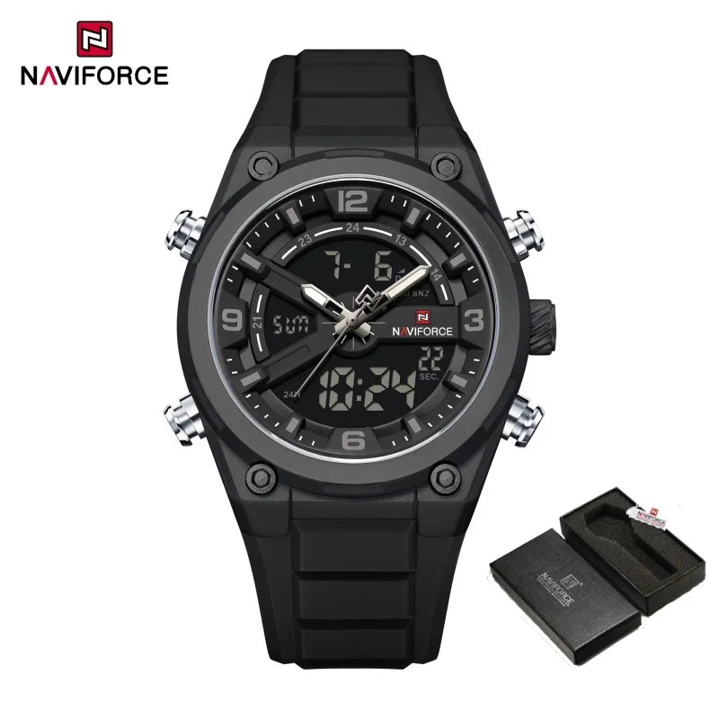 NAVIFORCE Man Watch Fashion Casual Sports Dual display Silicone Strap Waterproof Alarm Chronograph Day and Date Watches for Men