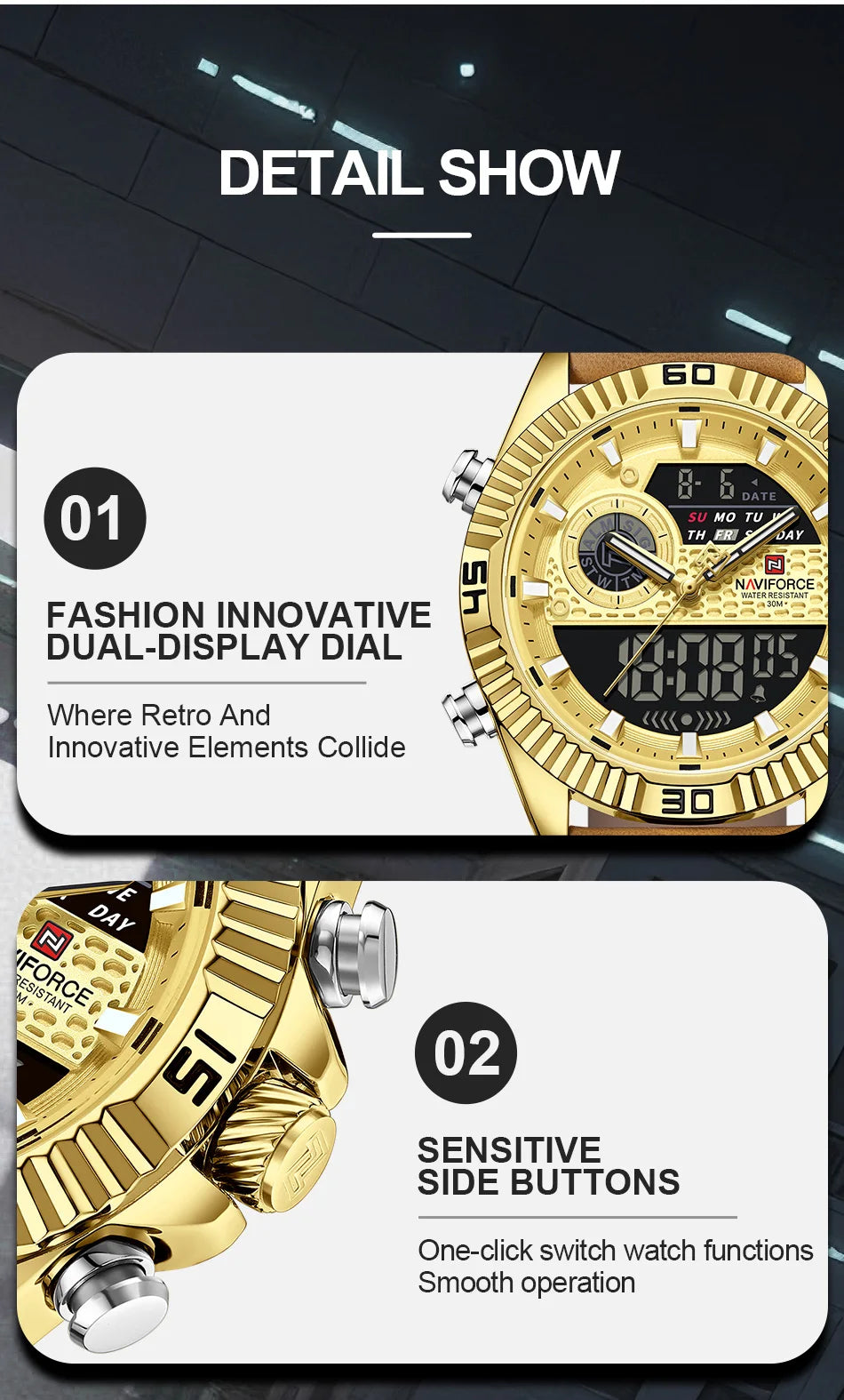 NAVIFORCE Men's Watches Sport Quartz Analog LCD Digital Wristwatch 30m Waterproof Luminous Chronograph Watch for Men Date Clock
