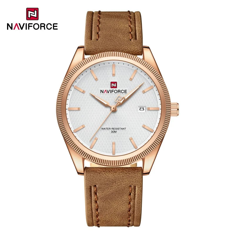 NAVIFORCE Men's Watches Fashion Genuine Leather Strap 30M Waterproof Male Quartz Wristwatches Luminous Point Date Display Clock