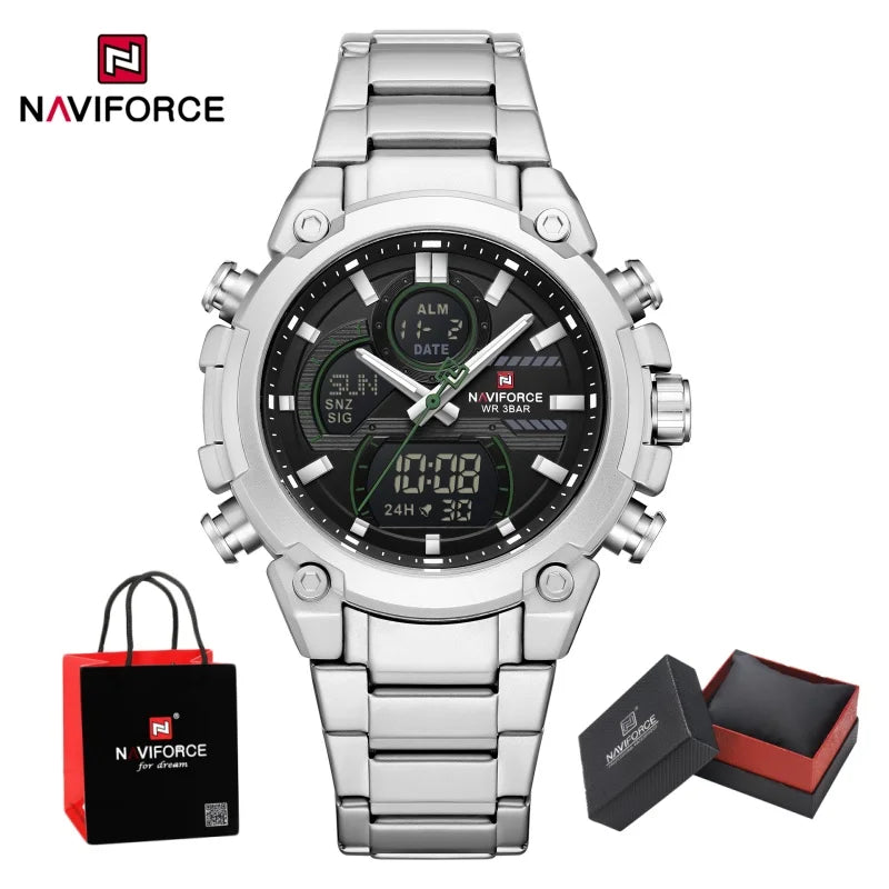 NAVIFORCE Men's Watch Luxury Quartz LCD Digital Sports Military Style Dual Display Chronograph Alarm Clock Wristwatch Gifts Box