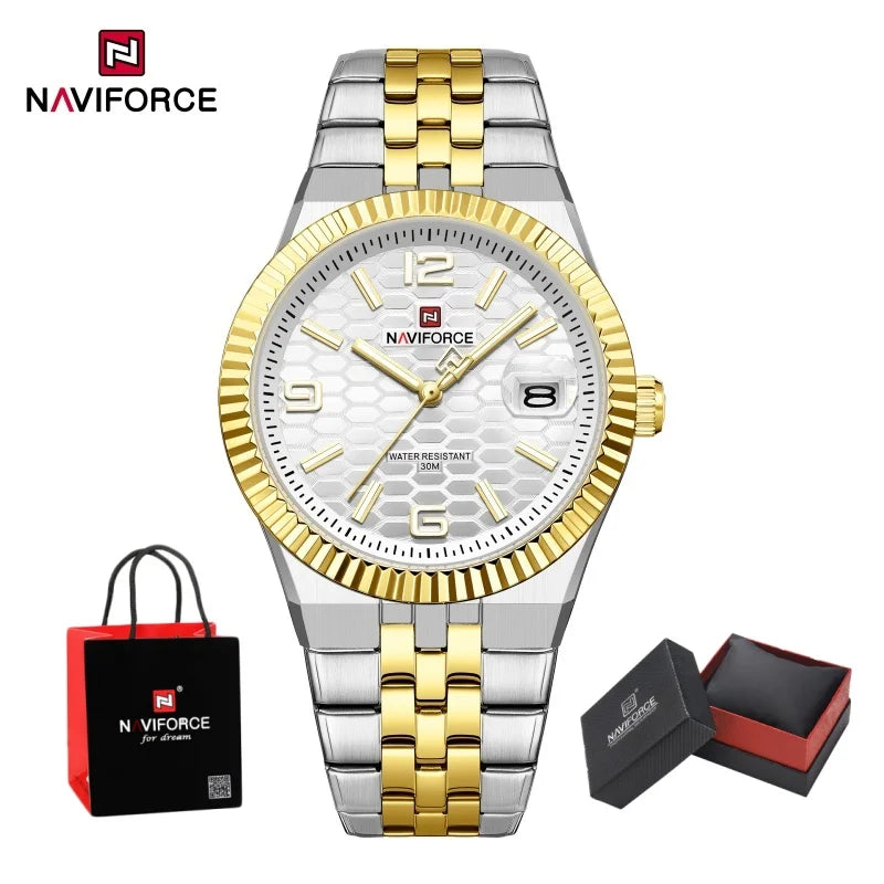 NAVIFORCE Men Watches Quartz Auto Date 3ATM Waterproof Stainless Steel Classic Male Luxury Fashion Business Wristwatch Gift Box