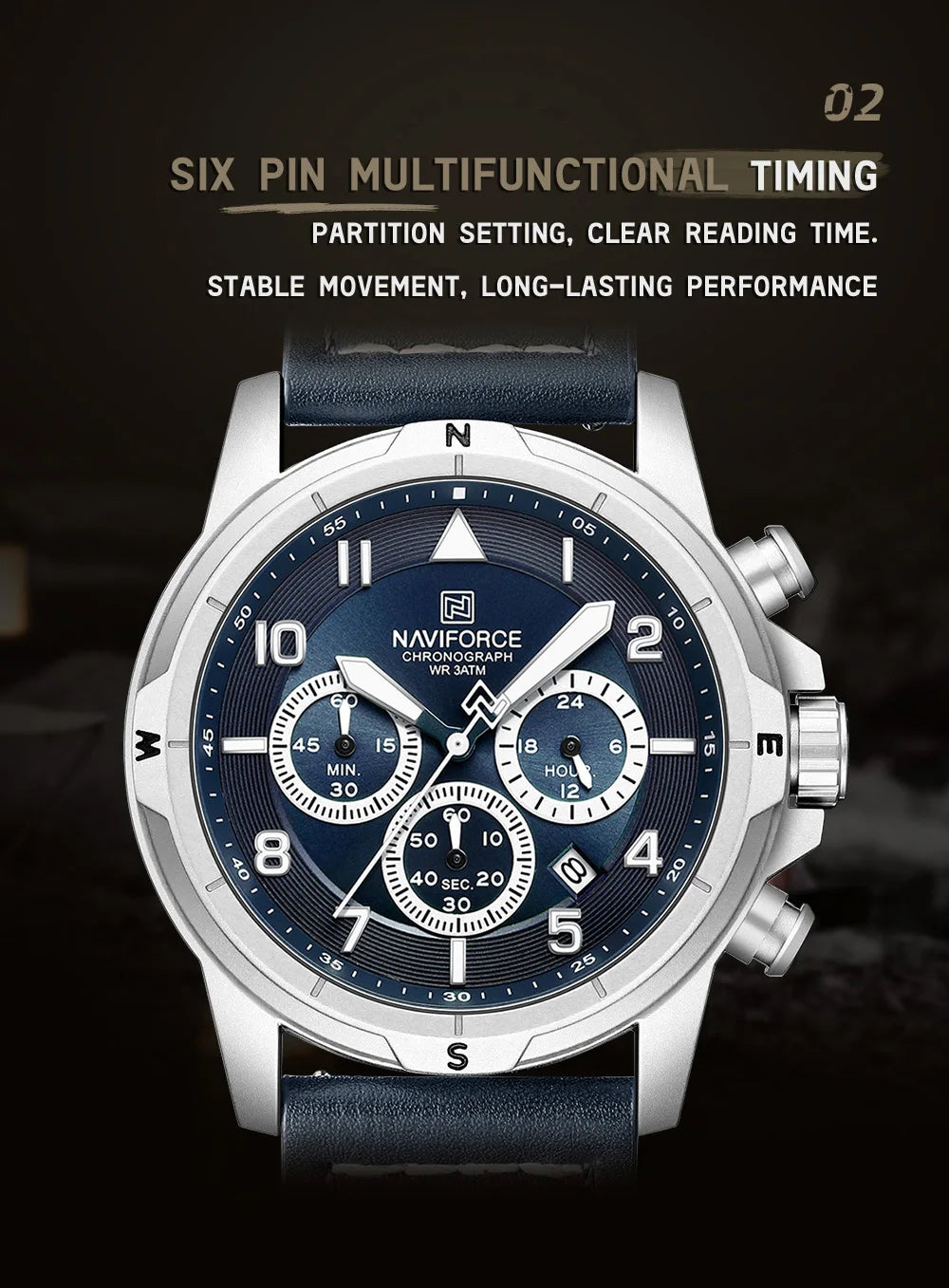 NAVIFORCE Men's Quartz Chronograph Wristwatch Multi Dial 24 Hour Clock Leather Band Modern Business Luxury Design Men Gift Watch