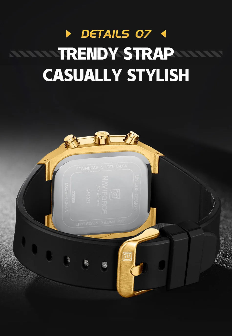 NAVIFORCE Men's Luxury Gold Watch Fashion Silicone Strap Quartz Movement Waterproof Square Wristwatch with Luminous Hands And Da