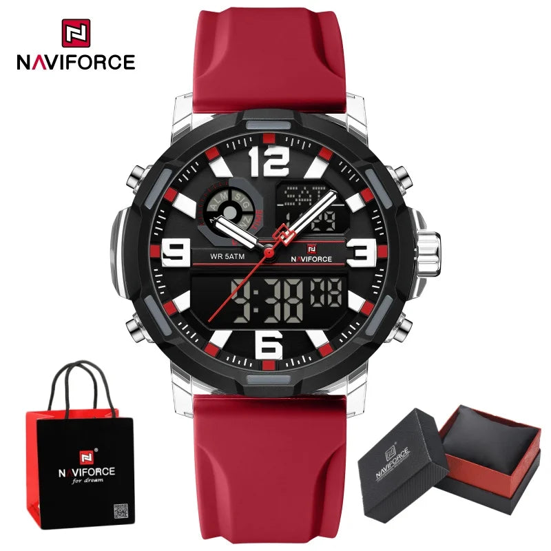 NAVIFORCE Men Dual Display Watch Alarm Clock 50M Waterproof Chronograph Stylish Novel Teenager Outdoor Sport Wristwatch Gift Box