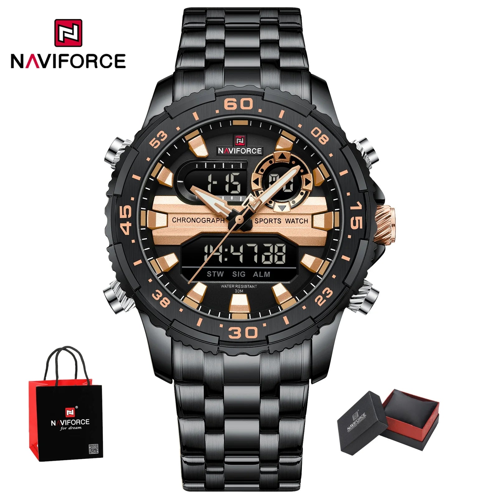 NAVIFORCE Men's Watch Quartz Analog LCD Digital Wristwatch Male Stainless Steel Strap Water Resistant Date Clock Package Gifts
