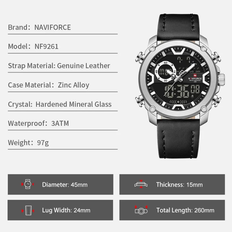 NAVIFORCE Man's Watch Quartz Dual Display Waterproof Leather Strap Alarm Male Simple Fashion Business Casual Wristwatch Gift Box