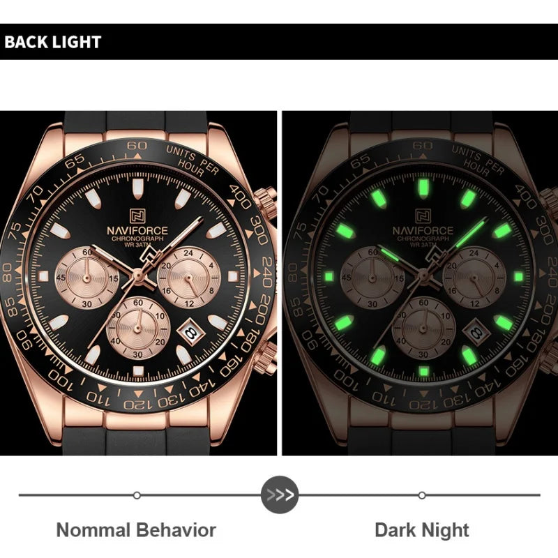NAVIFORCE Quartz Men's Leisure Chronograph Watch Waterproof Luminous Silica Strap Unique Design Man Fashion Wristwatch Gift Box